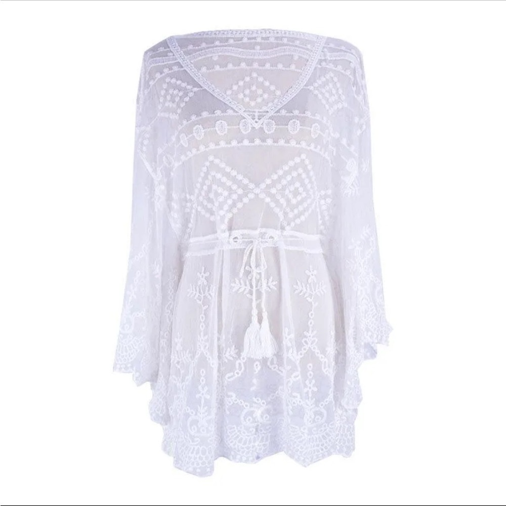 👉 White Sheer Mesh Beach Cover-Up V-Neck Batwing Sleeve for Women (Boutique)